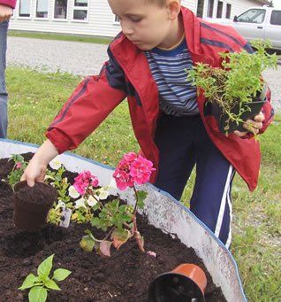 photo of boy planting flowers